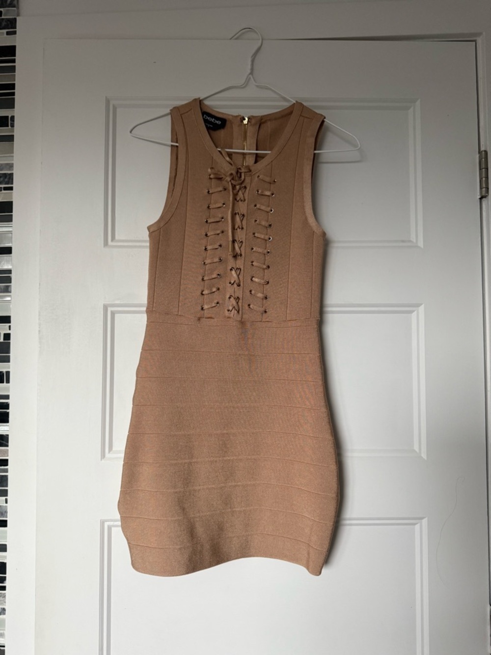 bebe Tan Lace-Up Sleeveless Bodycon Mini Dress